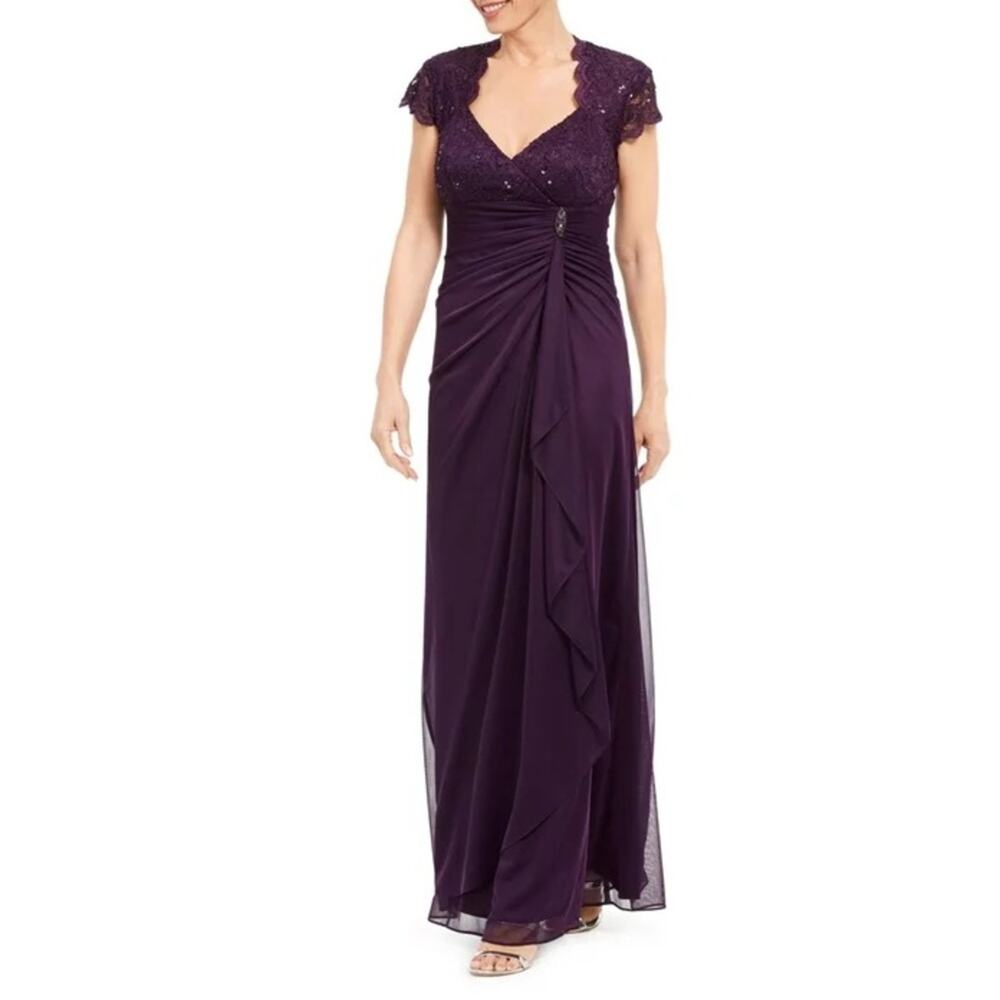 NWT Betsy & Adam Purple Lace Draped Empire Waist Formal Gown 16
